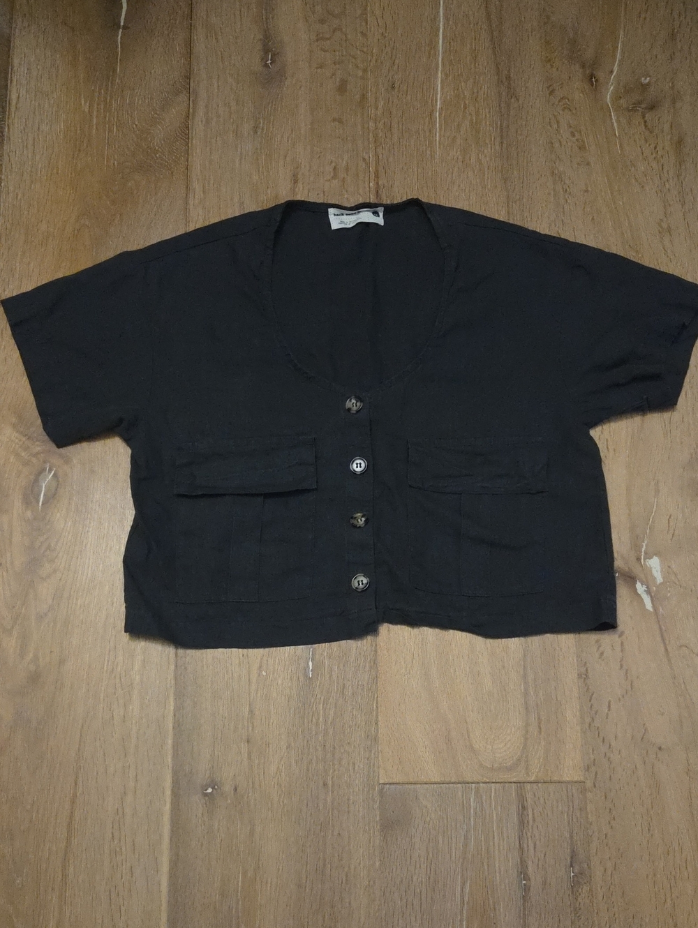 Back Beat Co Hemp Organic Cotton Short Sleeve Crop Blouse Black XS